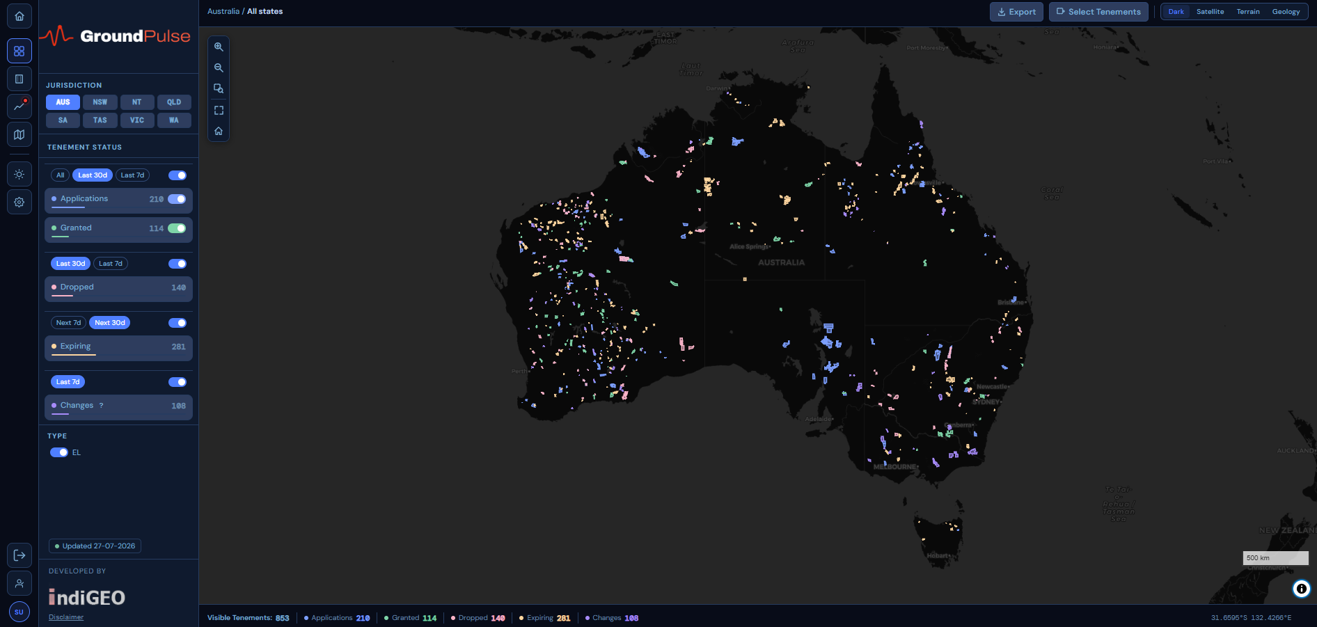 GroundPulse application showing all Australian exploration tenements mapped across all states and territories, with filtering by jurisdiction, status, and time period