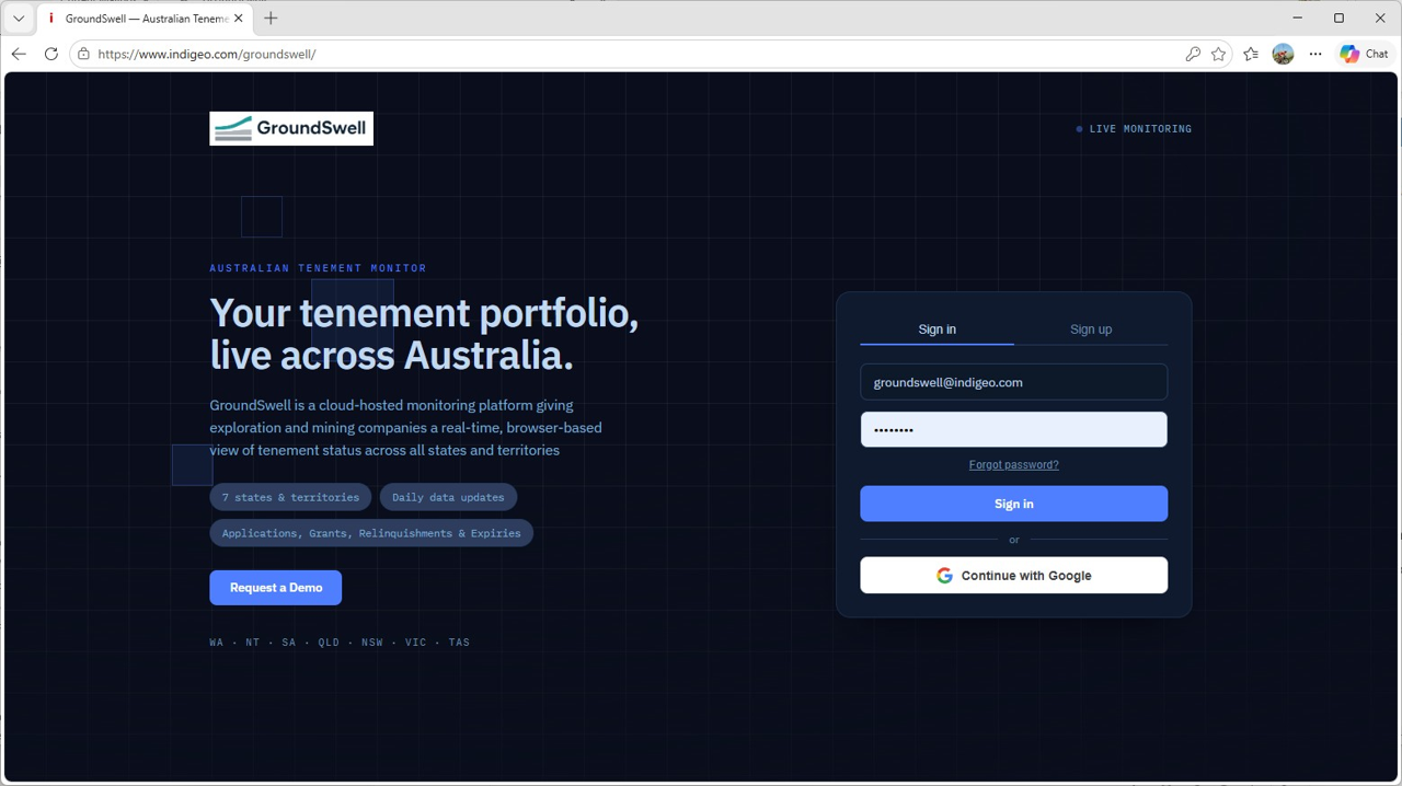 GroundSwell application dashboard showing the Australian Tenement Monitor sign-in and live monitoring interface