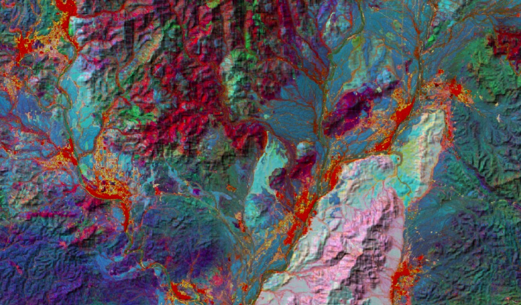 Sentinel-2 false-colour composite showing lithological discrimination and alteration analysis